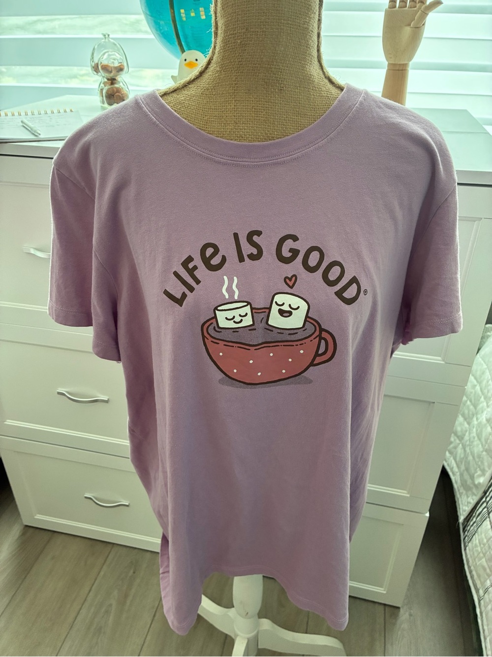 Life Is Good Lavender Tee with Hot Cocoa Marshmallow Graphic